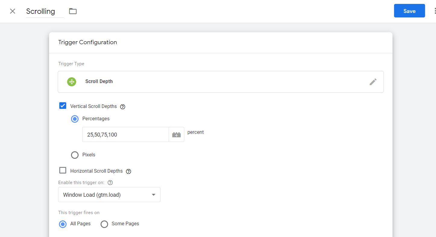 scrolling trigger example in google tag manager