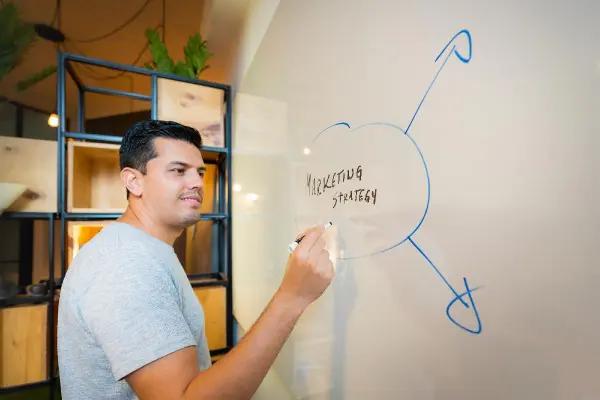 A B2B marketer draws a strategy on a whiteboard, outlining how to market to engi