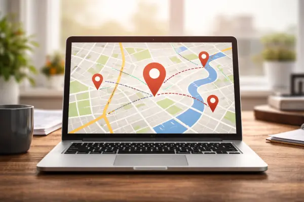 Map with multiple location pins displayed on a laptop screen, representing local