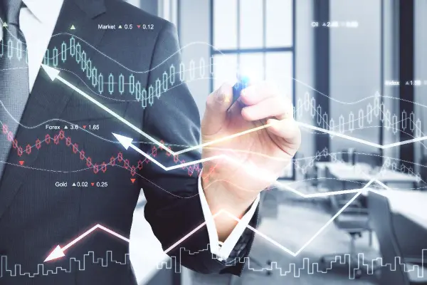 A business person tracks their current trends, goal completions, and other metri