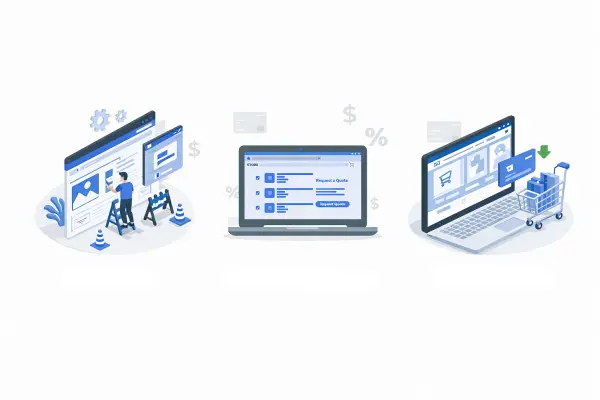 Comparison graphic showing CMS website, RFQ catalog website, and full ecommerce
