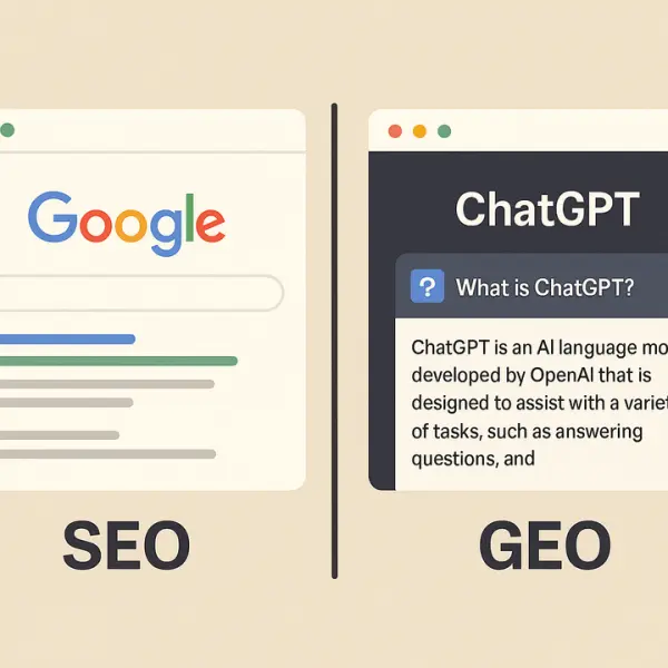 Side-by-side comparison of SEO and GEO, with Google search results on the left r